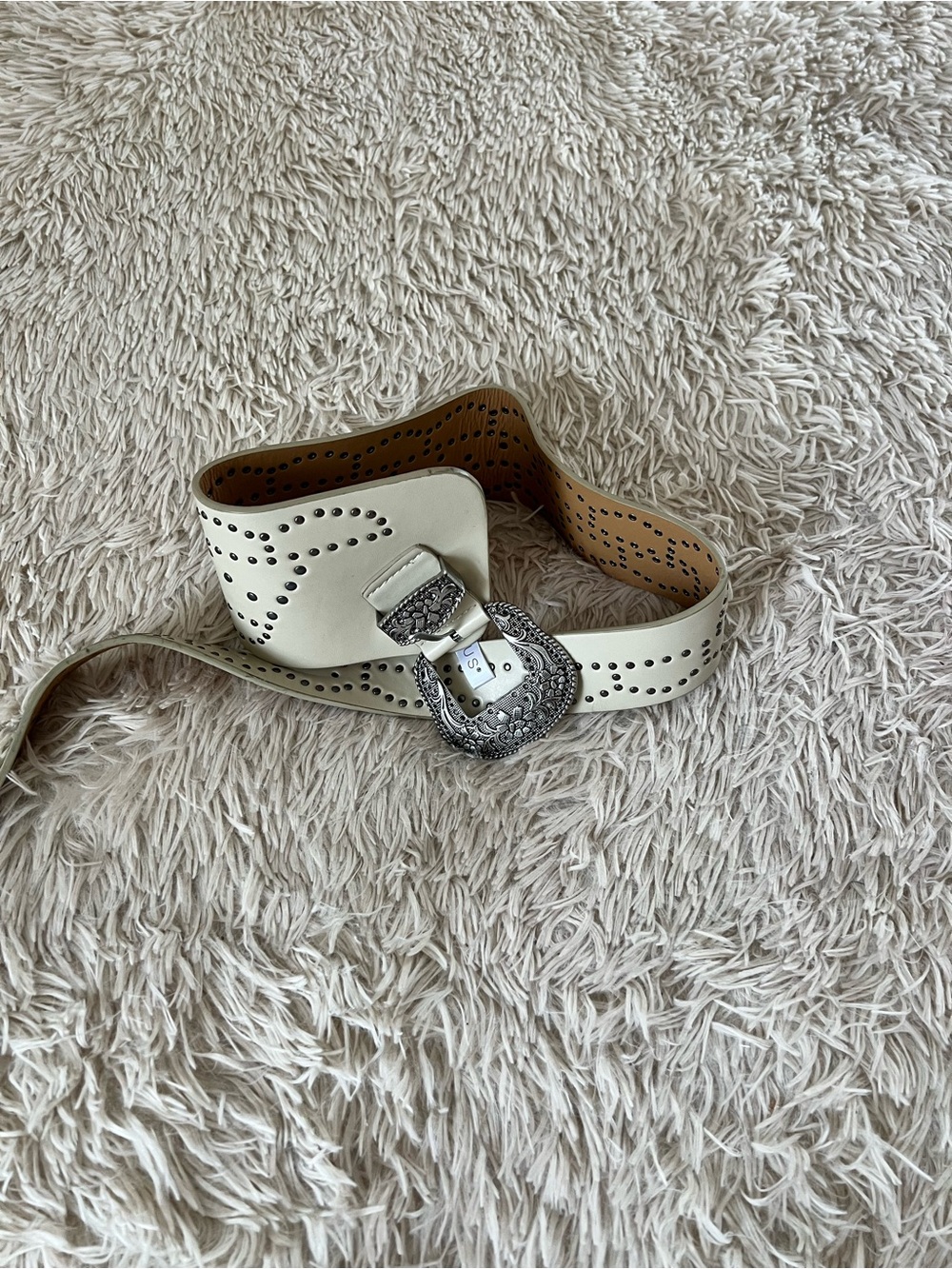 VENUS Cream Wide Perforated Leather Belt with Ornate Silver Buckle